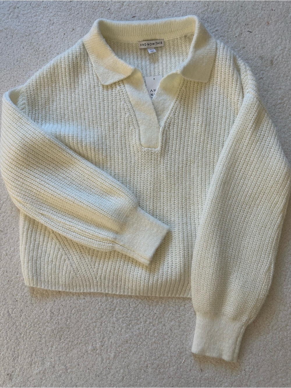 And Now This Cream V-Neck knit Polo Sweater women Large long sleeves collared